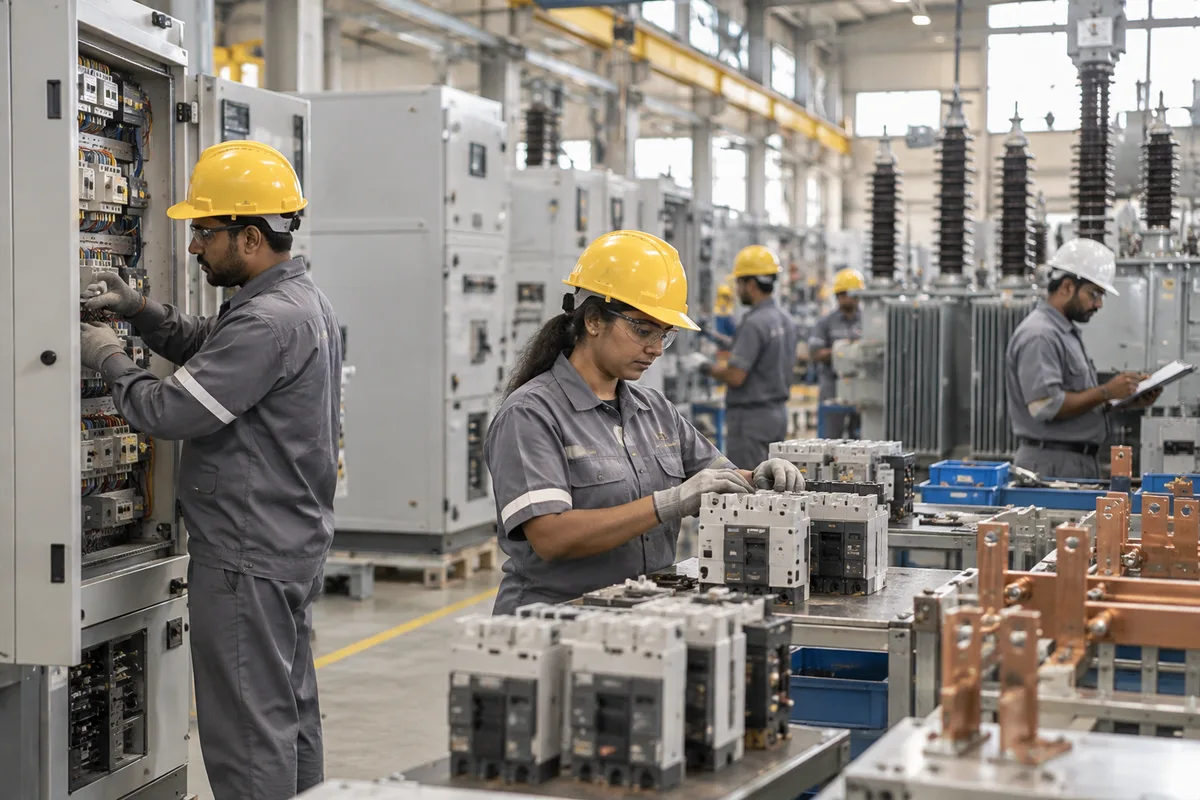 Realistic editorial illustration of electrical equipment manufacturers at work in India