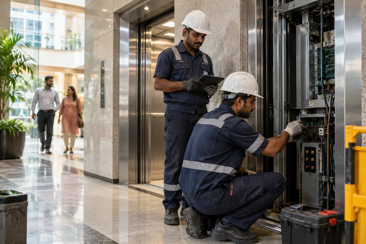 Realistic editorial illustration of elevator companies at work in India
