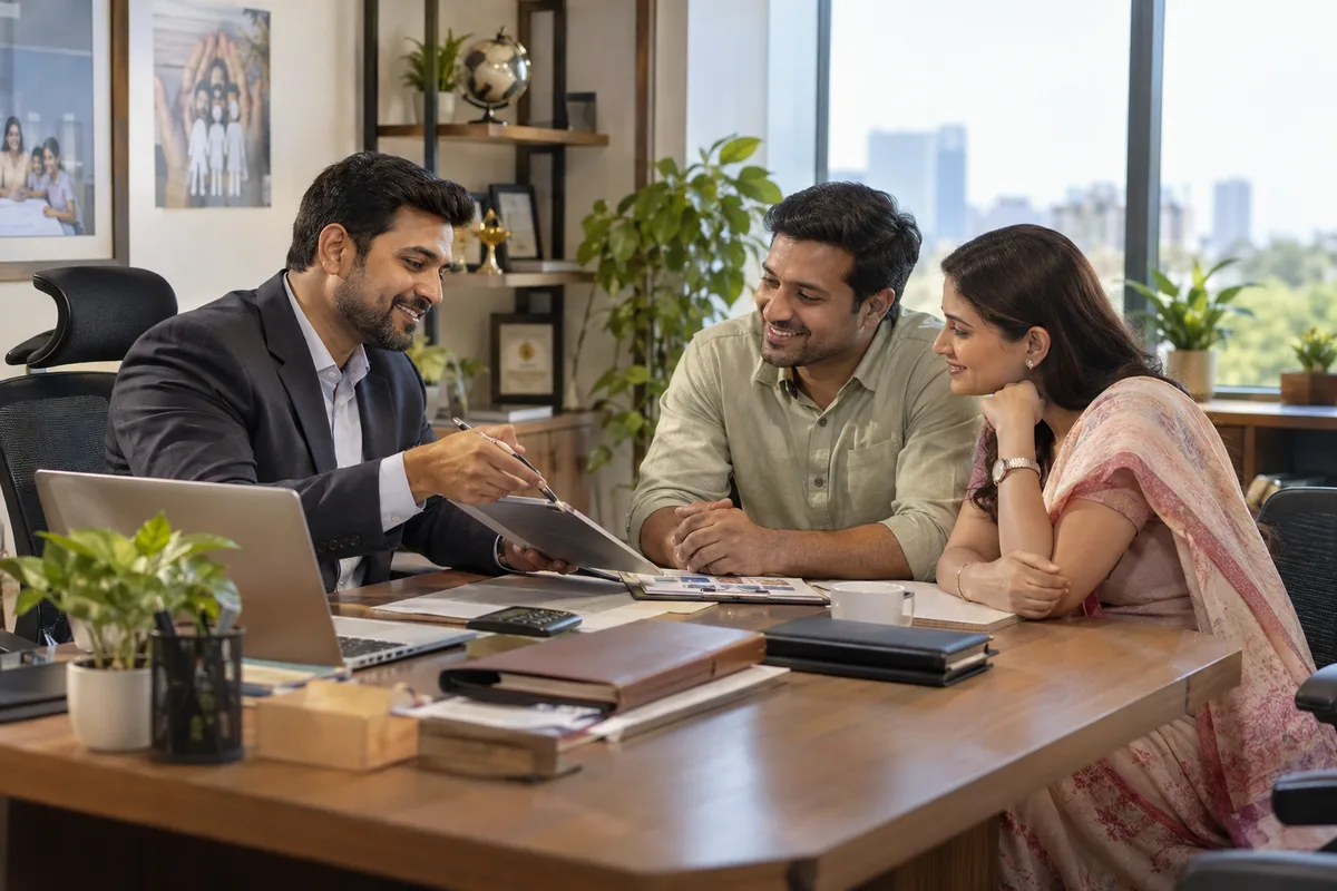 Realistic editorial illustration of finance and insurance advisers at work in India