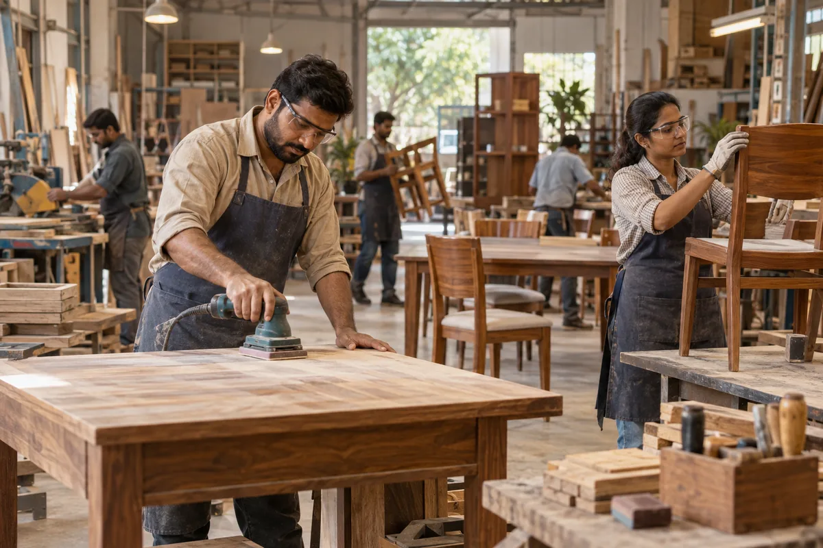 Realistic editorial illustration of furniture manufacturers at work in India