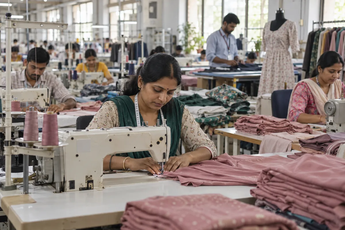 Realistic editorial illustration of garment manufacturers at work in India