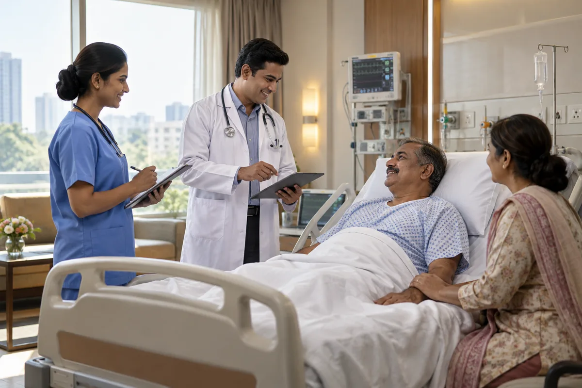 Realistic editorial illustration of hospitals at work in India