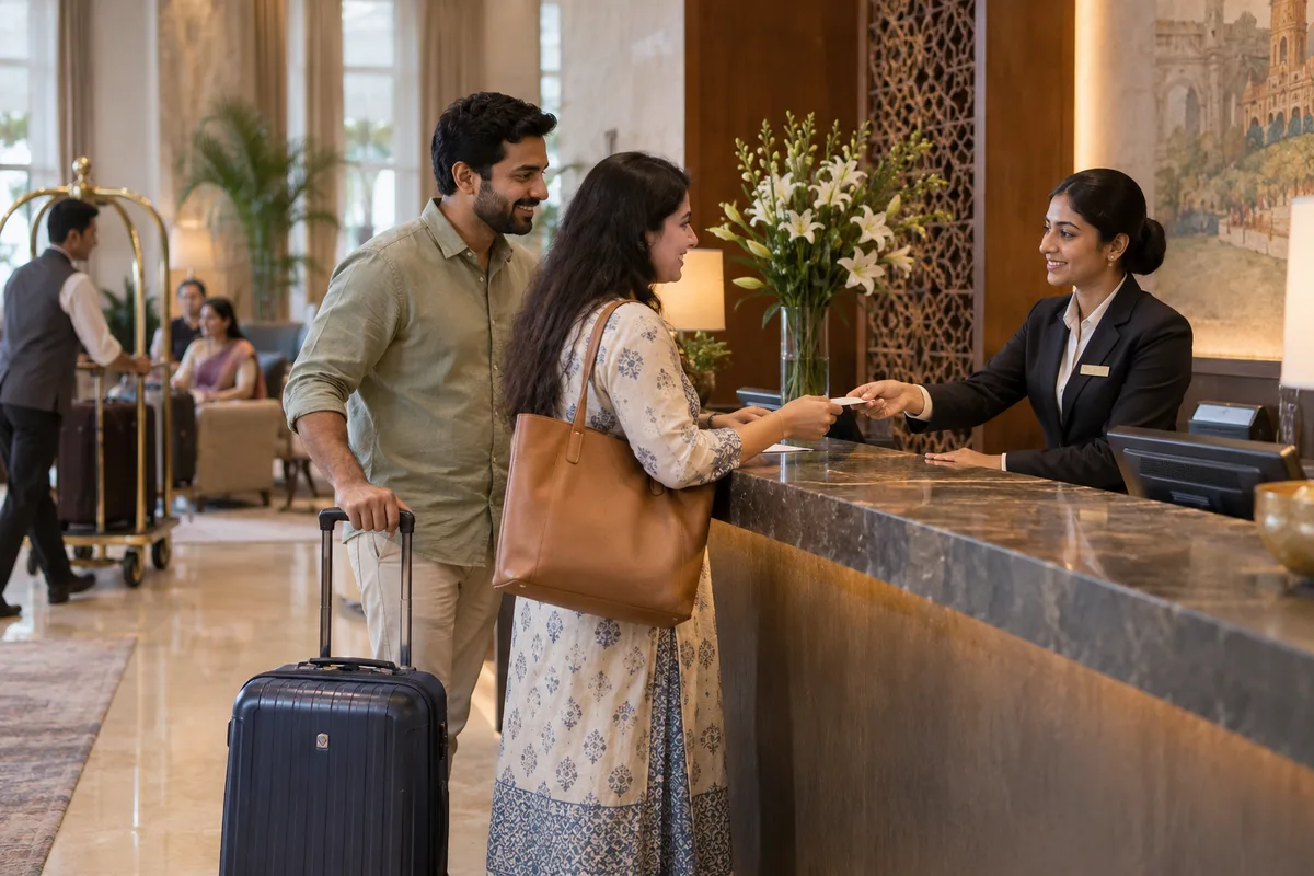 Realistic editorial illustration of hotels at work in India