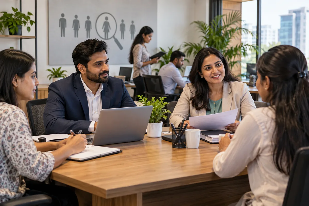 Realistic editorial illustration of hr consulting and outsourcing firms at work in India