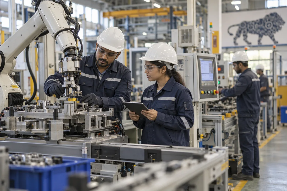 Realistic editorial illustration of industrial automation companies at work in India