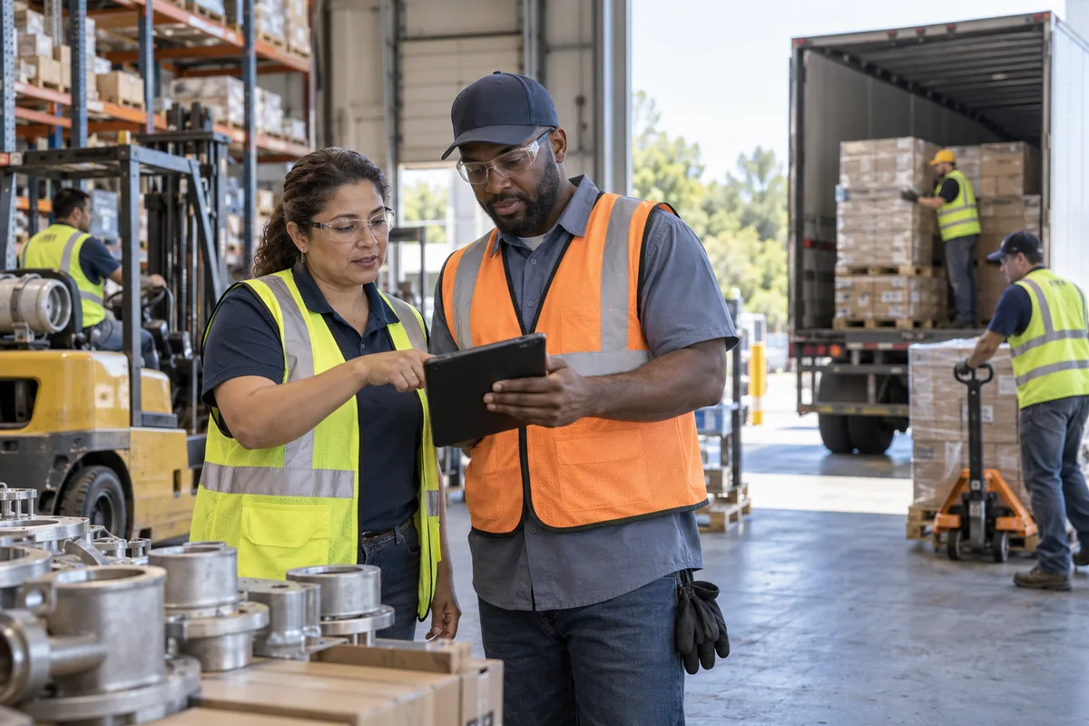 Realistic editorial illustration of industrial suppliers and distributors at work in the United States
