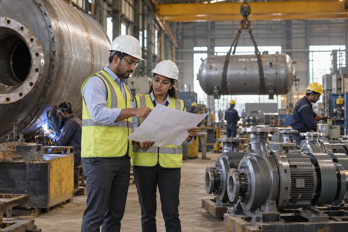 Realistic editorial illustration of industrial equipment manufacturers at work in India
