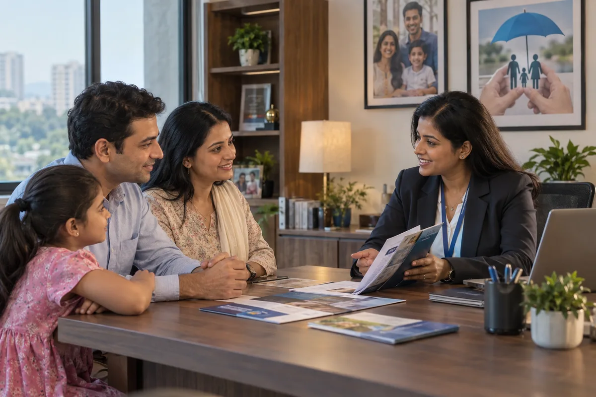 Realistic editorial illustration of insurance agents and advisers at work in India