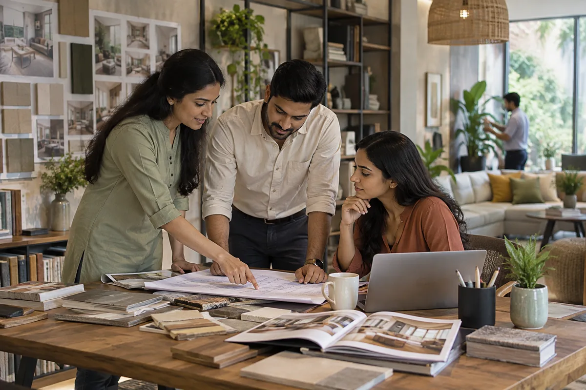 Realistic editorial illustration of interior design firms at work in India