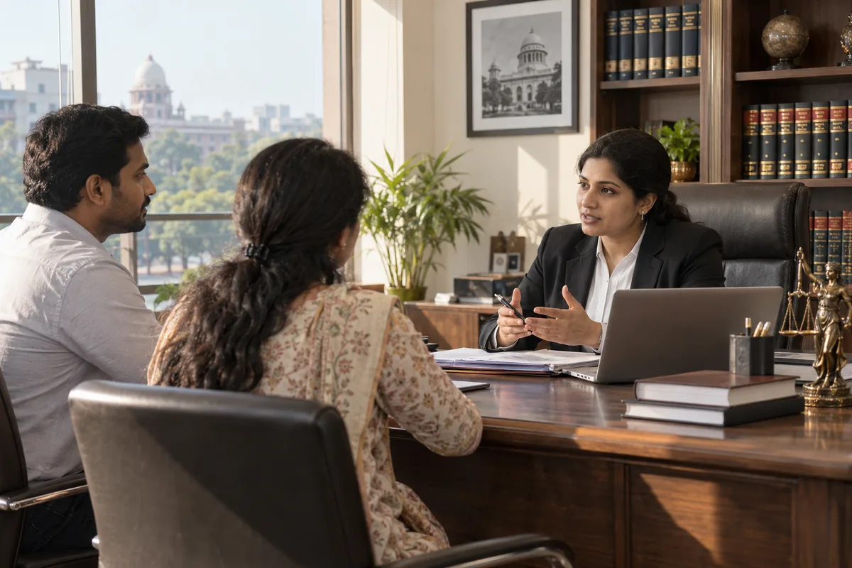 Realistic editorial illustration of law firms at work in India