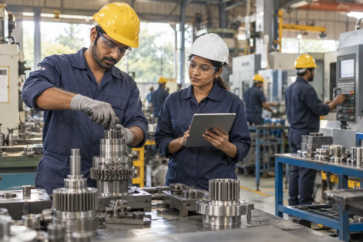 Realistic editorial illustration of manufacturing companies at work in India