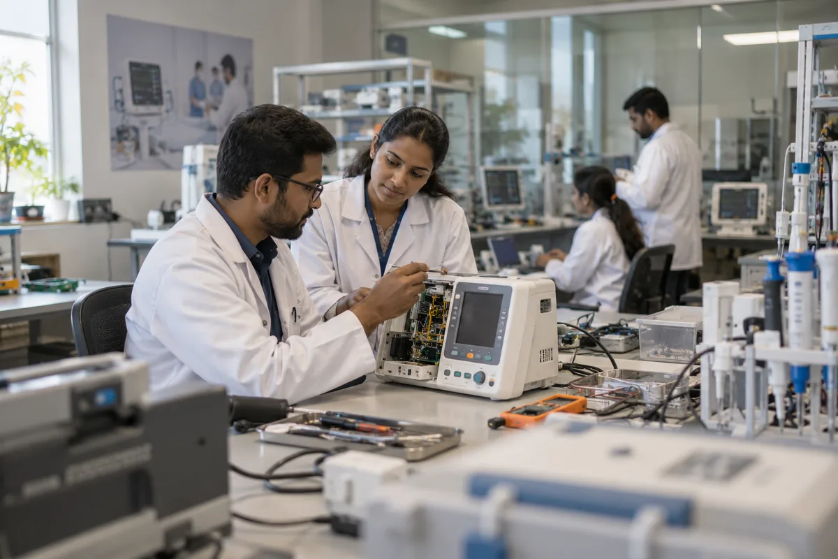 Realistic editorial illustration of medical device manufacturers at work in India