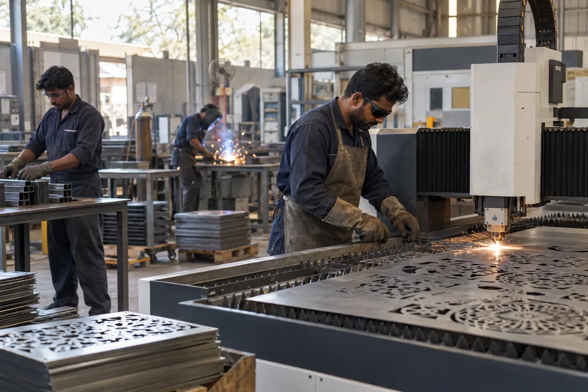 Realistic editorial illustration of metal fabrication and laser cutting units at work in India