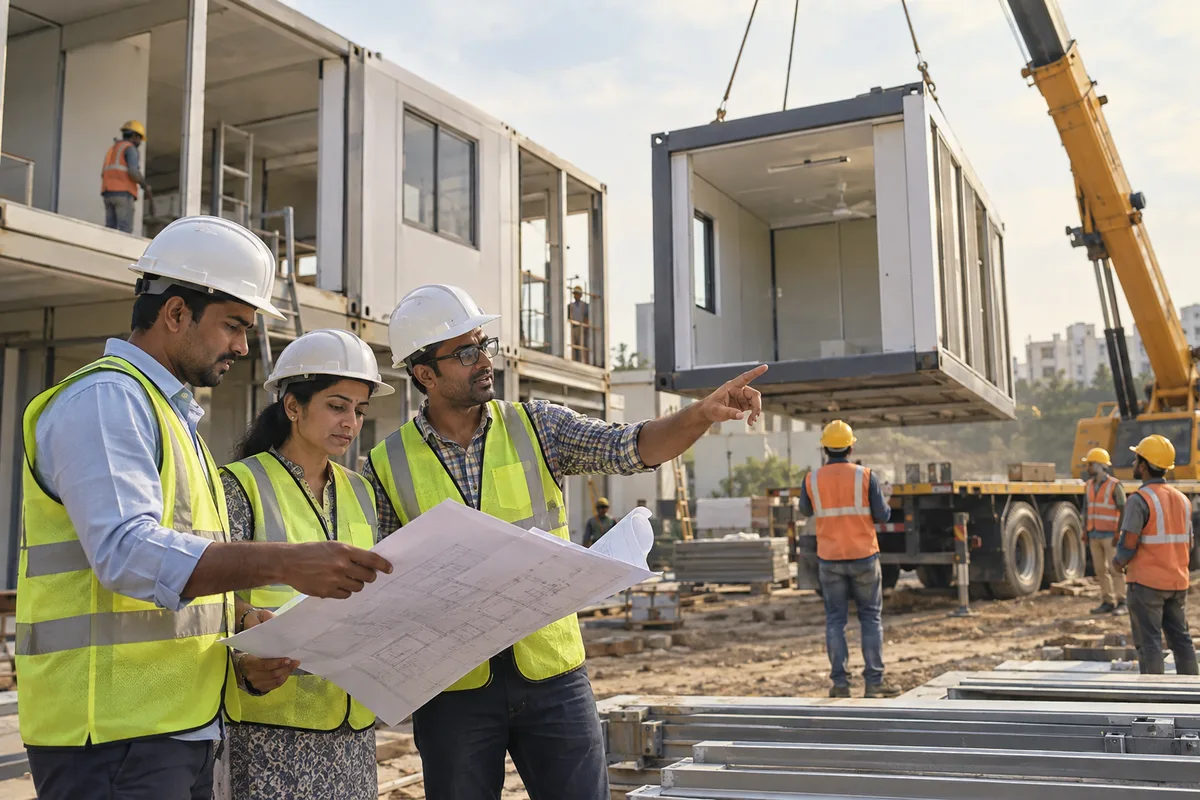 Realistic editorial illustration of modular and prefabricated building manufacturers at work in India