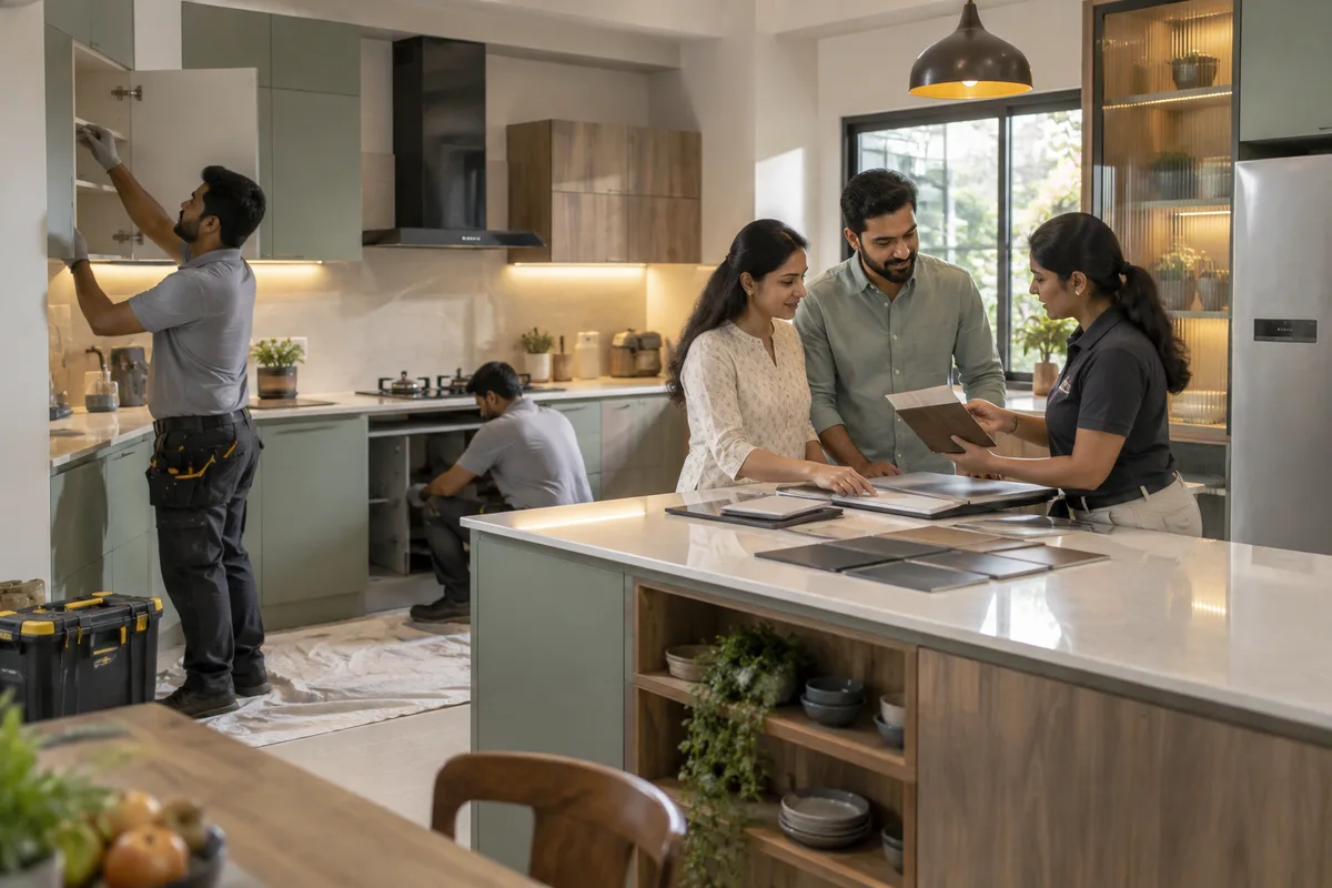 Realistic editorial illustration of modular kitchen companies at work in India