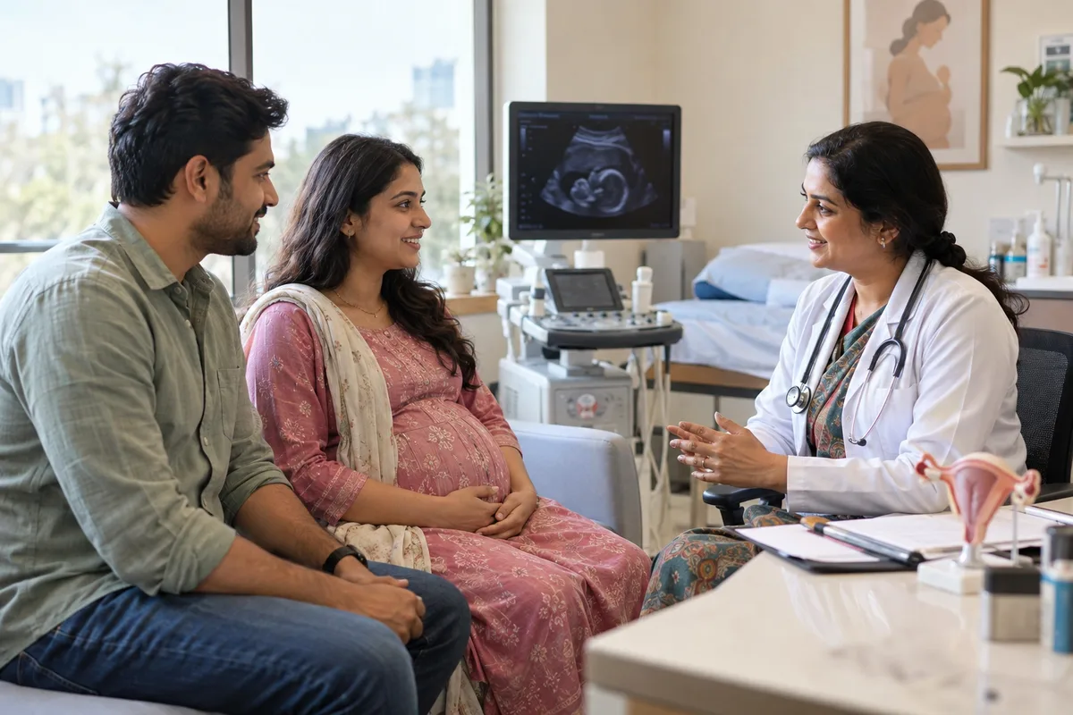 Realistic editorial illustration of obstetrics and gynaecology clinics at work in India