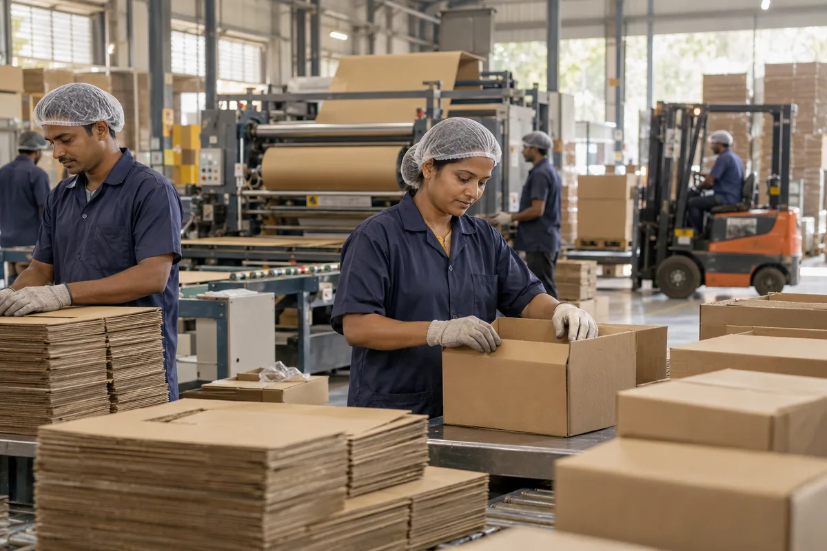 Realistic editorial illustration of packaging manufacturers at work in India