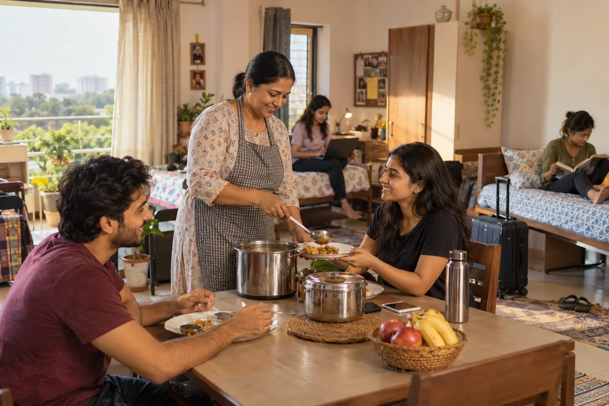 Realistic editorial illustration of paying guest accommodations at work in India
