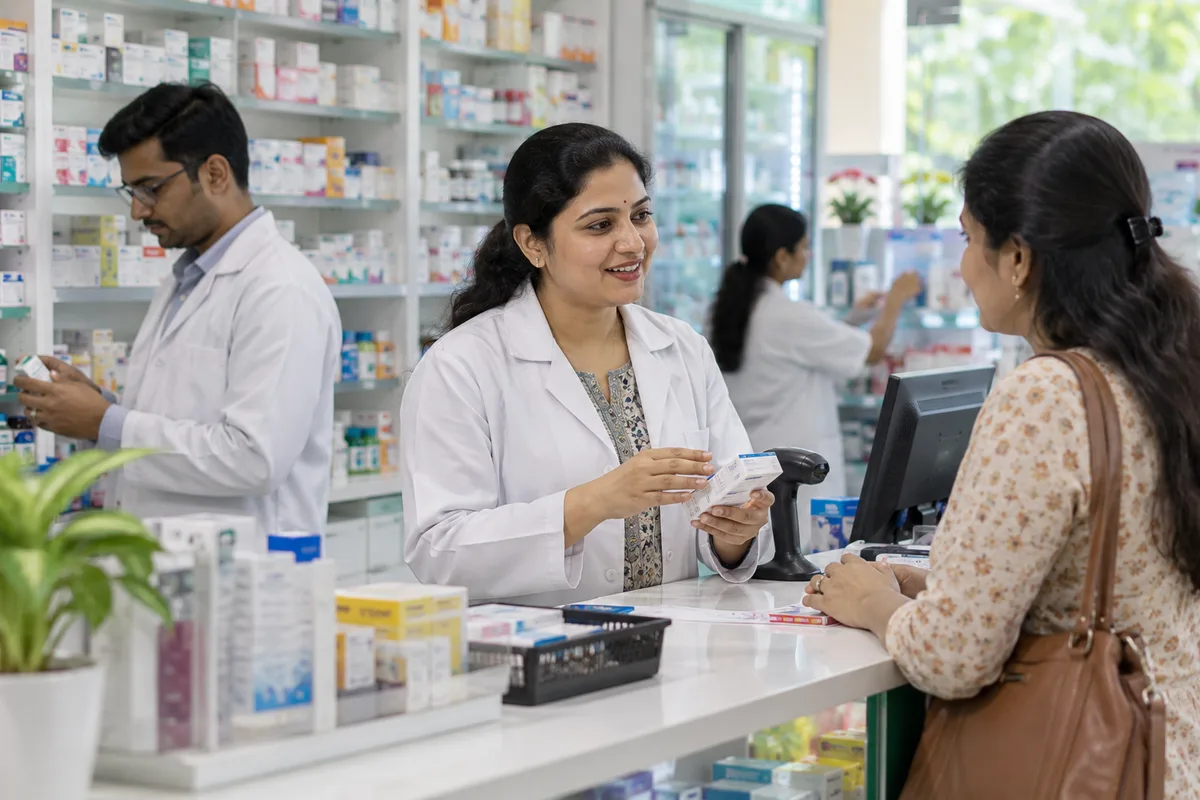 Realistic editorial illustration of pharmacies at work in India