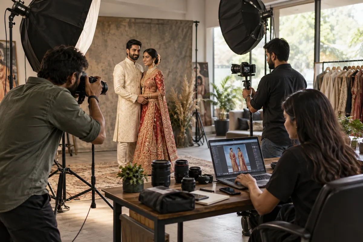 Realistic editorial illustration of photography and videography studios at work in India