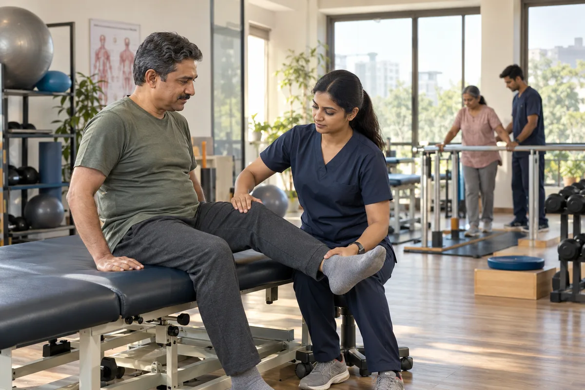 Realistic editorial illustration of physiotherapy clinics at work in India