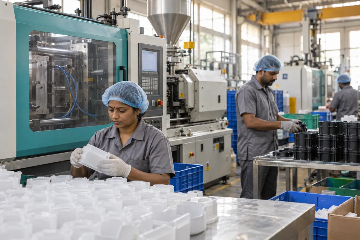 Realistic editorial illustration of plastic injection moulding units at work in India