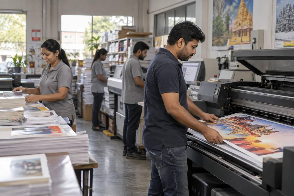 Realistic editorial illustration of printing businesses at work in India