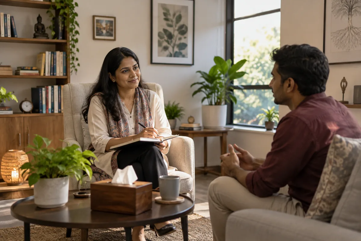 Realistic editorial illustration of psychotherapy practices at work in India