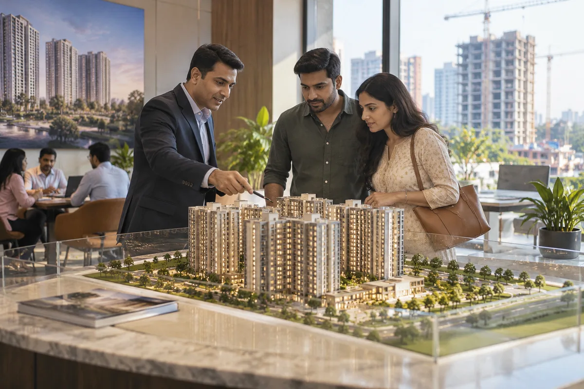 Realistic editorial illustration of real estate developers and brokers at work in India