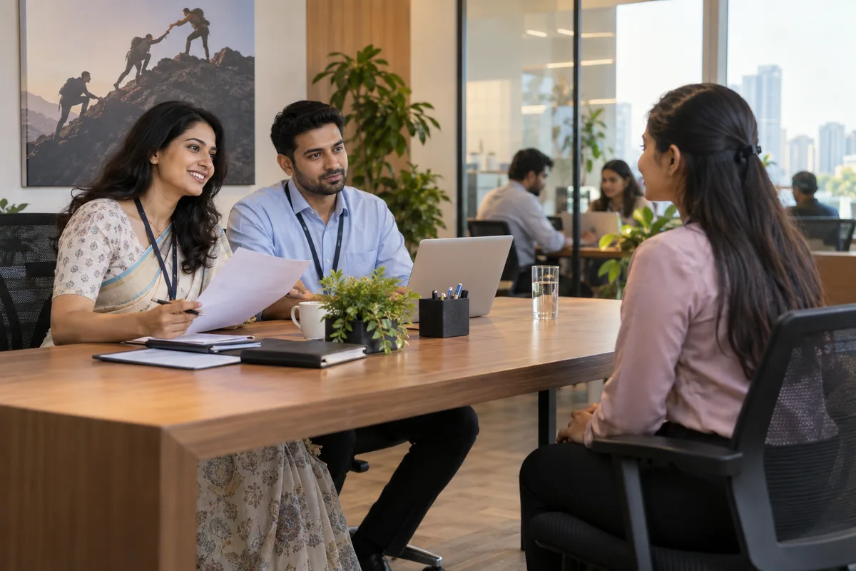 Realistic editorial illustration of recruitment agencies at work in India