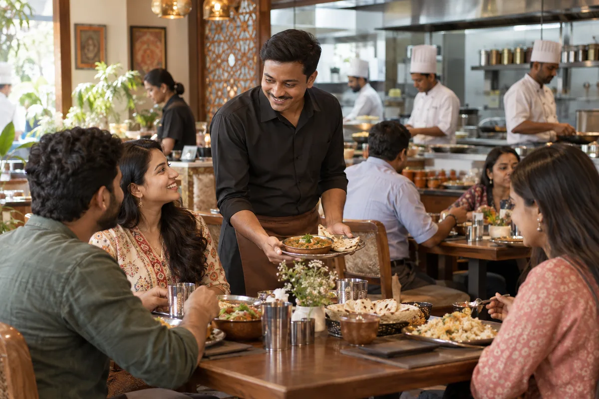 Realistic editorial illustration of restaurants at work in India