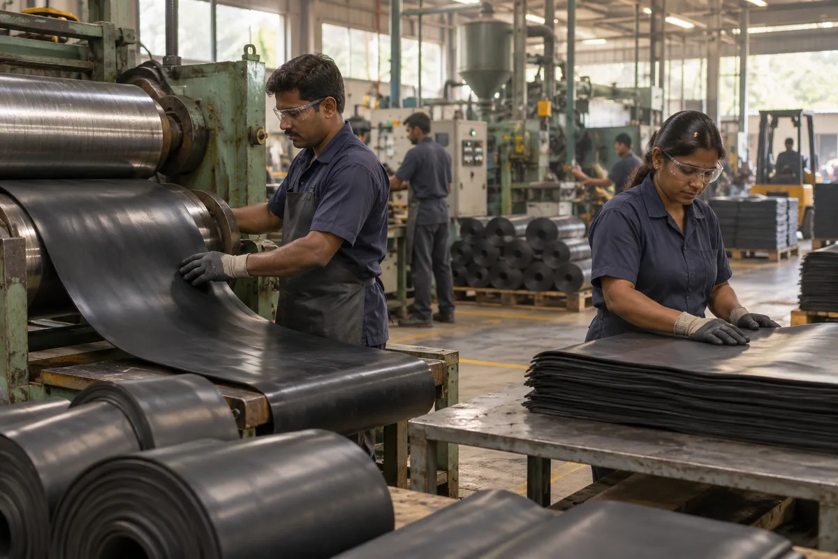 Realistic editorial illustration of rubber manufacturers at work in India