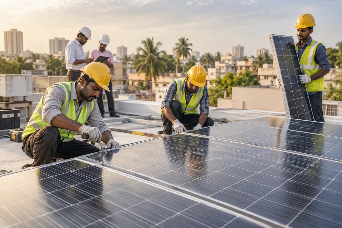 Realistic editorial illustration of solar installation companies at work in India
