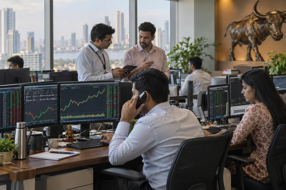 Realistic editorial illustration of stock brokers at work in India