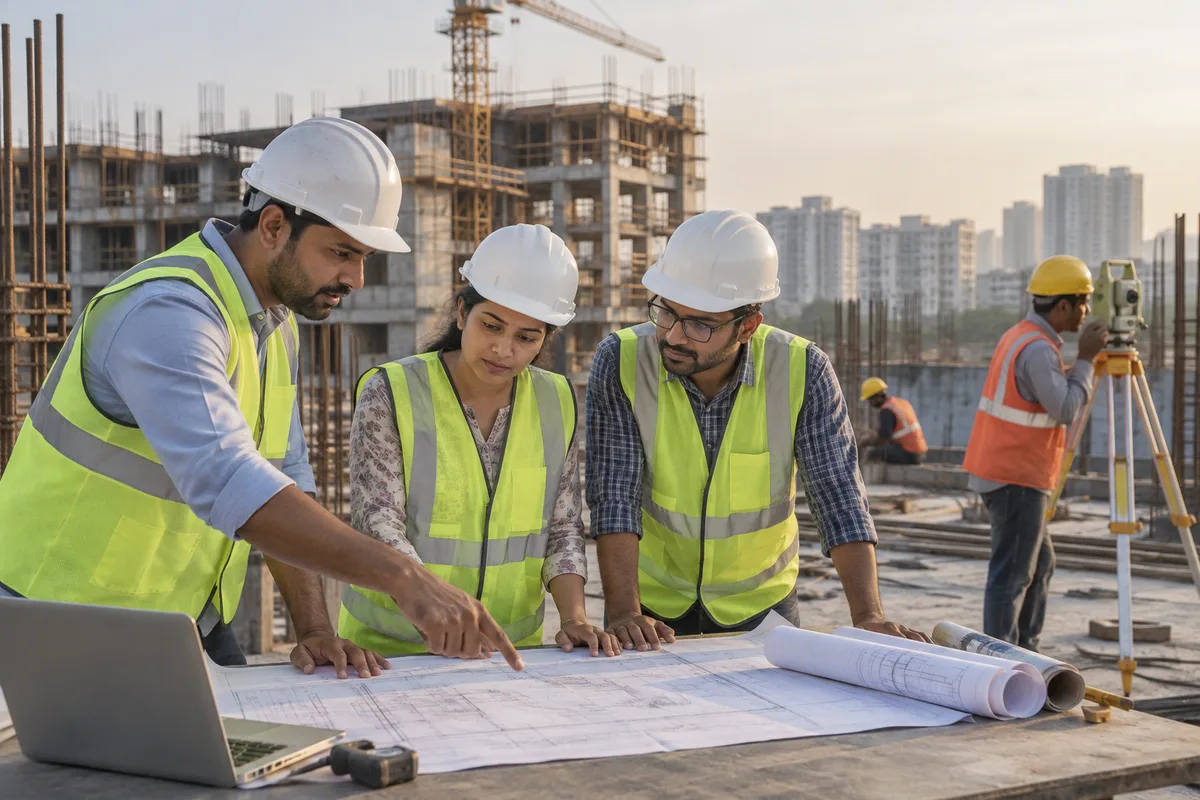 Realistic editorial illustration of structural and civil engineers at work in India