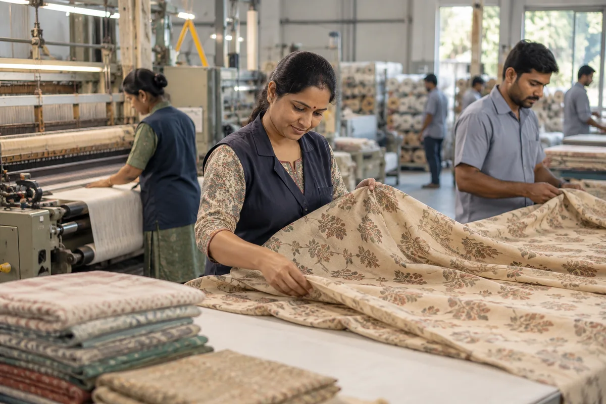 Realistic editorial illustration of textile manufacturers at work in India