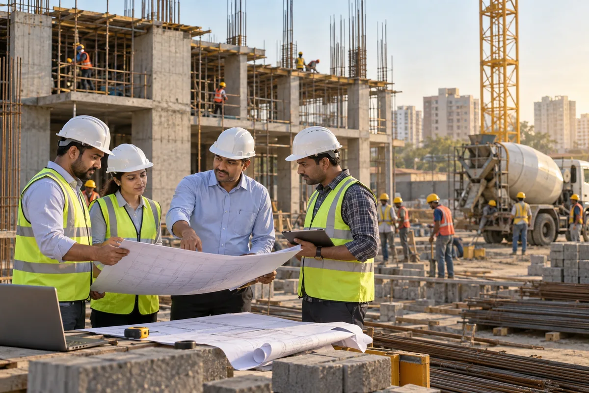 Realistic editorial illustration of turnkey construction companies at work in India