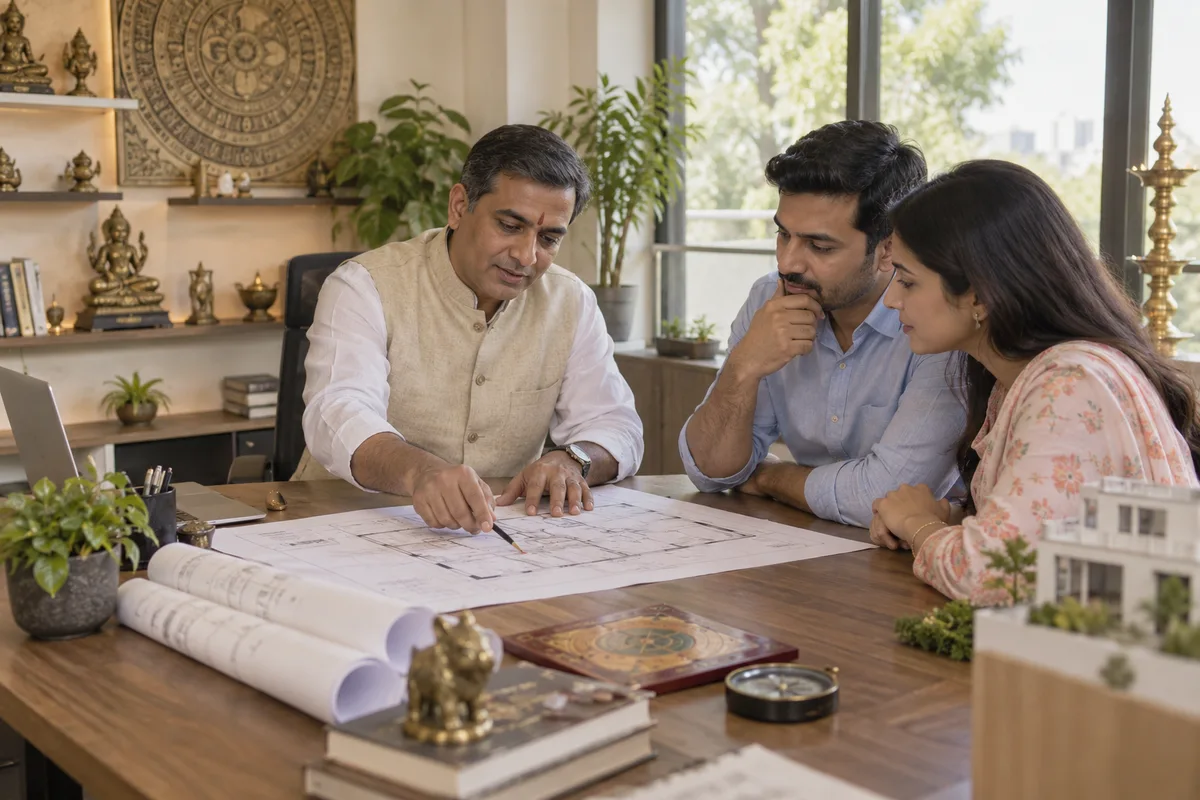 Realistic editorial illustration of vaastu consultants at work in India
