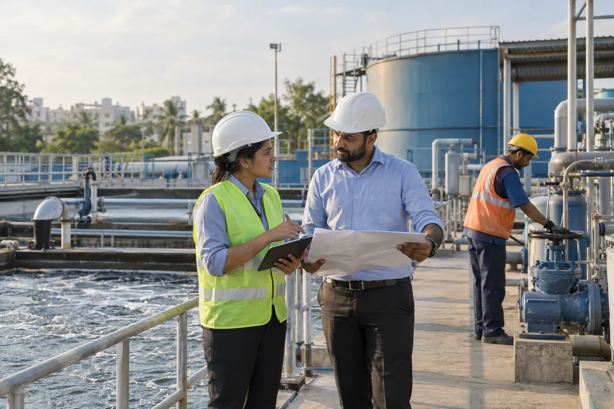 Realistic editorial illustration of water treatment solutions providers at work in India