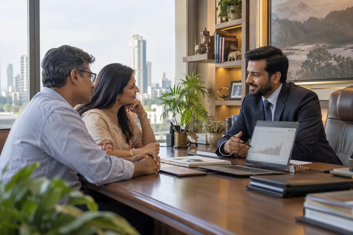 Realistic editorial illustration of wealth management firms at work in India