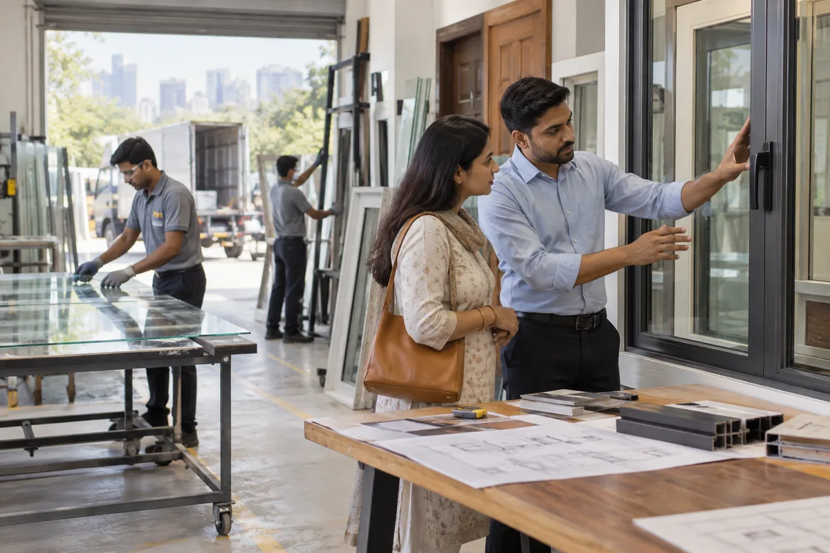 Realistic editorial illustration of window, door and glass companies at work in India