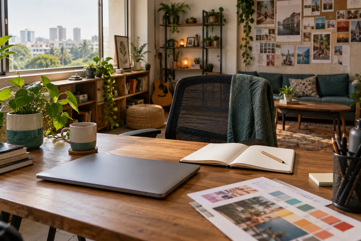 A prepared desk with a notebook, laptop and creative materials in a sunlit workspace