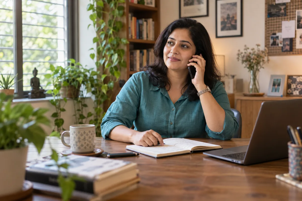 A business adviser listens during a phone conversation with a notebook open beside her