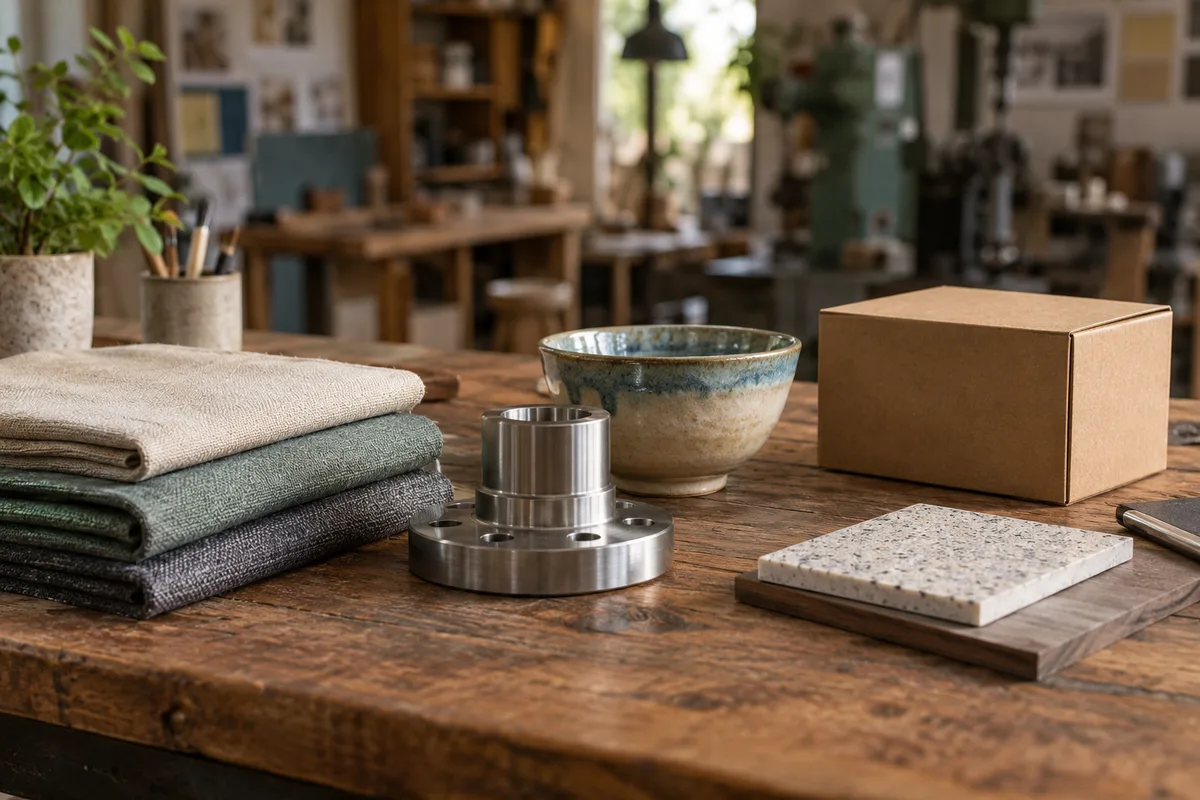 Unbranded product samples from different businesses arranged on a studio table