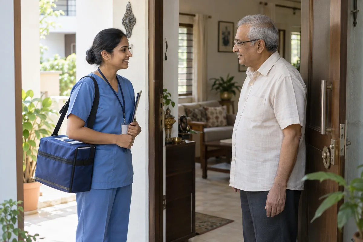 A visiting diagnostic professional greets a patient at home before a sample collection appointment