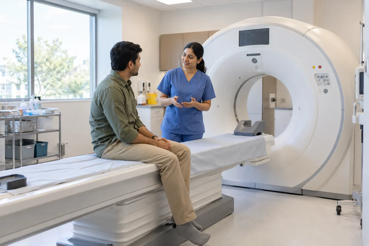 A radiology technologist explains a CT examination before the procedure
