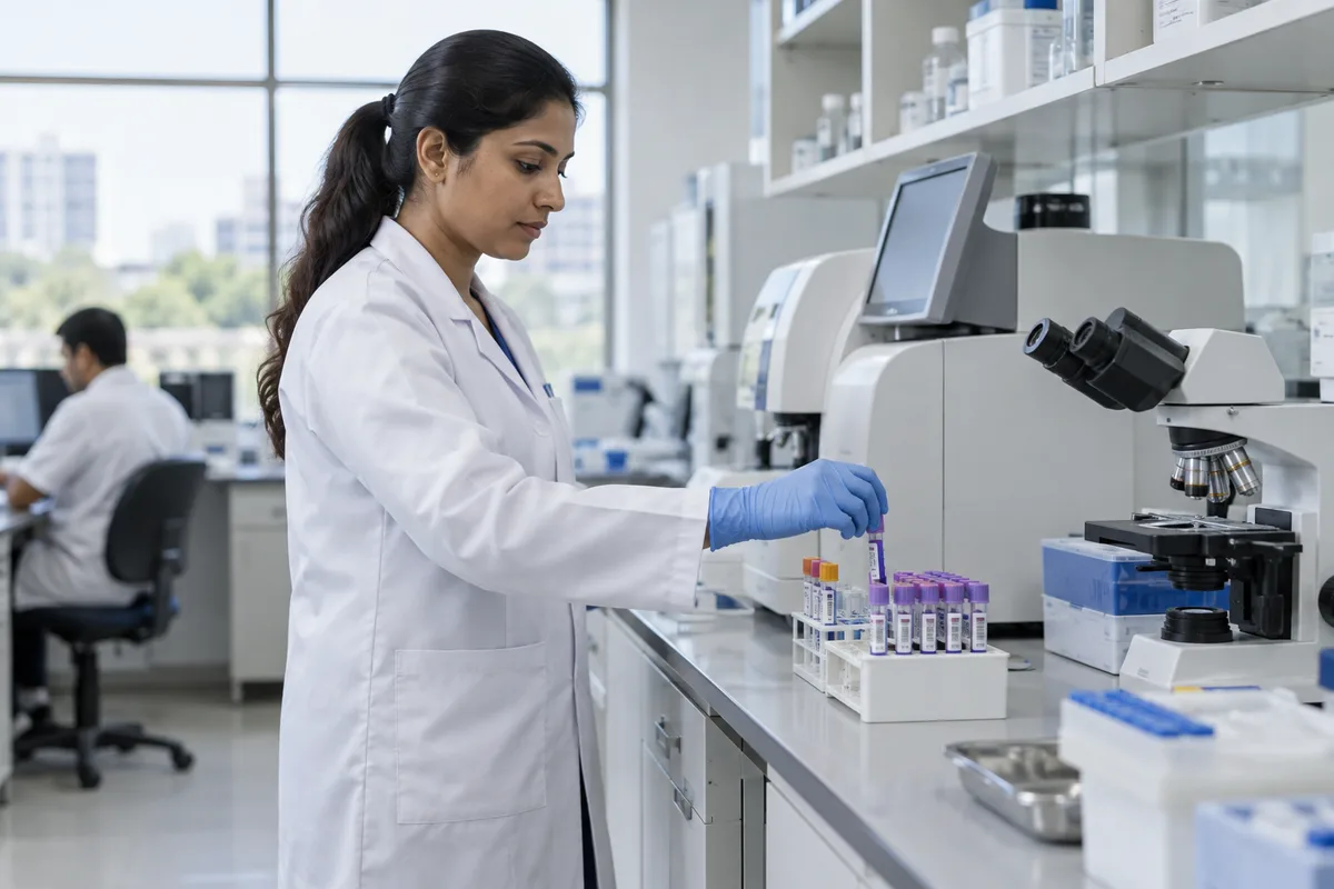 A laboratory technologist organises specimen tubes beside a microscope