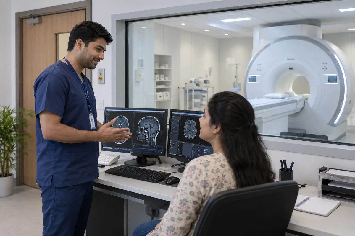 A radiographer speaks with a patient in a control room beside an MRI scanner