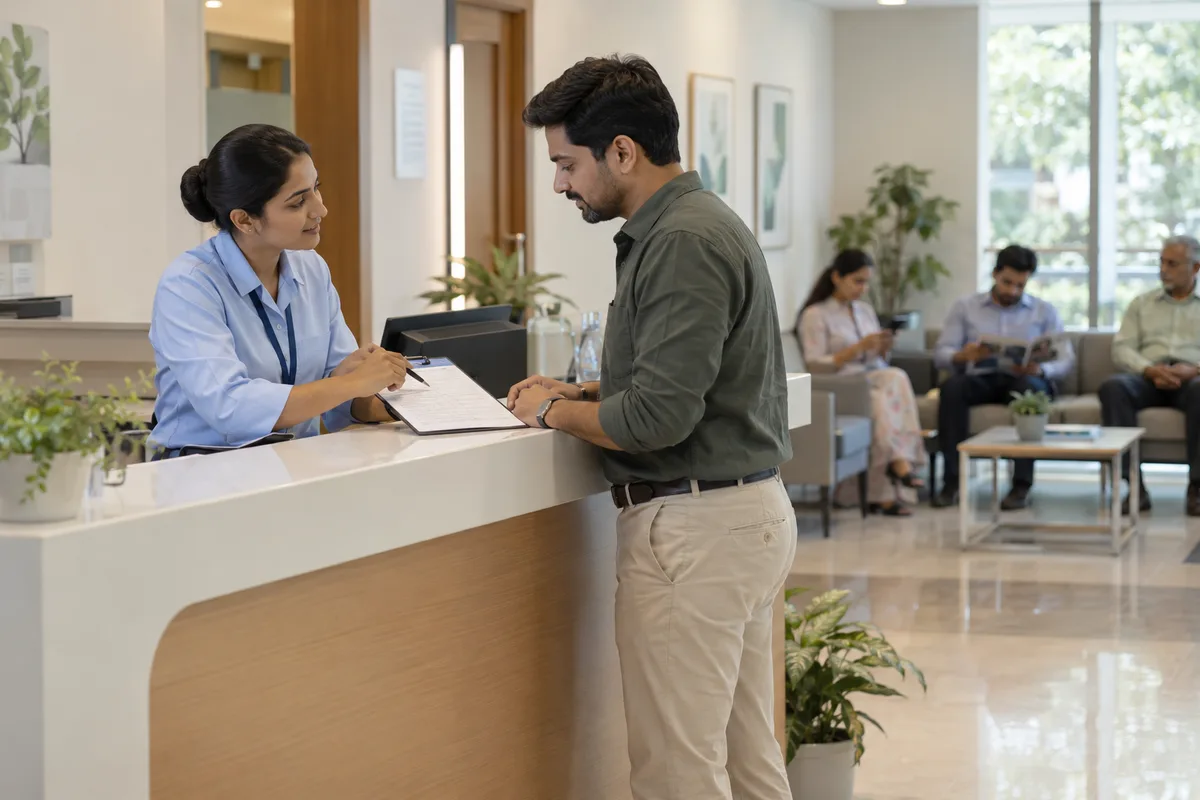 A healthcare coordinator explains an appointment form to a visitor at a reception desk