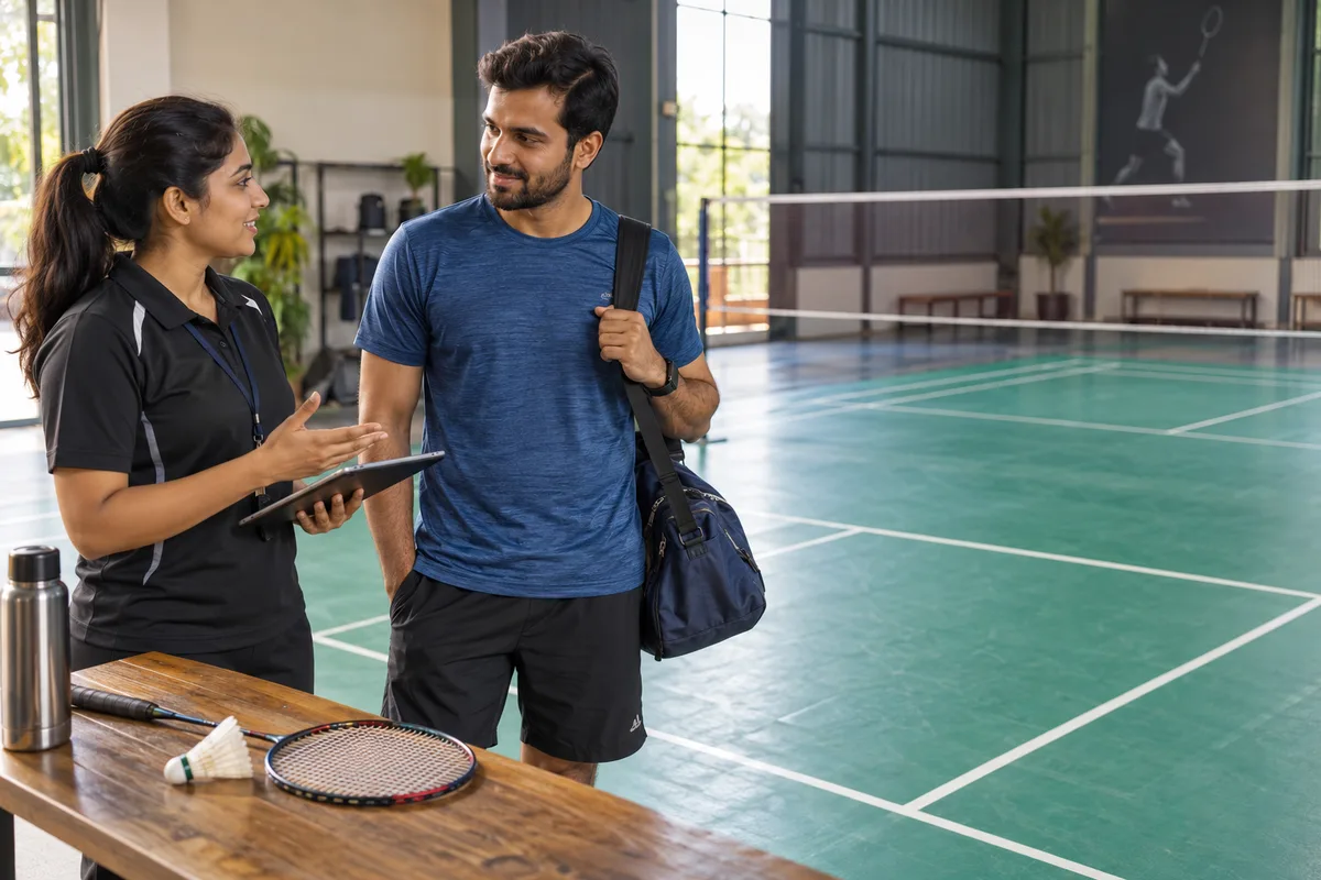 A badminton academy manager discusses court bookings with a visitor